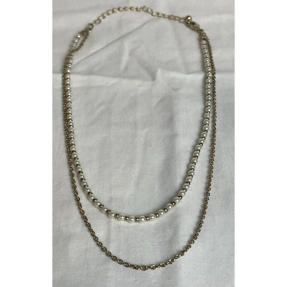2 Strand Layered Choker Necklace Faux Pearl Gold Tone Cable Chain 12-14" - Picture 6 of 8
